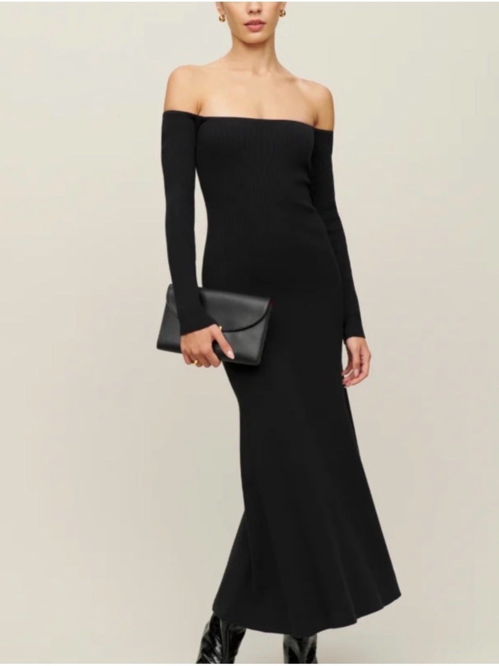 Reformation Black Long-Sleeve Off-Shoulder Maxi Dress